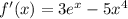 f'(x) = 3 {e}^{x} - 5 {x}^{4}