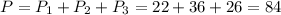 P=P_1+P_2+P_3=22+36+26=84