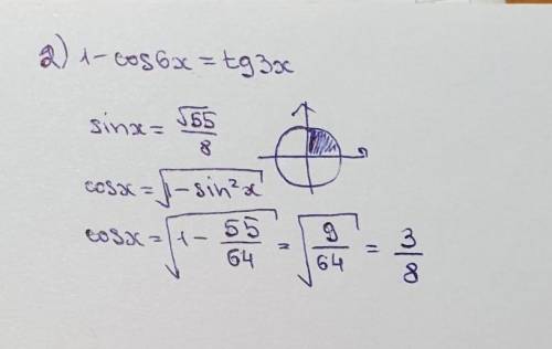 Найдите cos x если sin x = корень 55/8 и 0 < x < 90 градусов