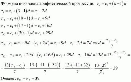 АЛЬТЕРНАТИВА Різниця тридцятого та сімнадцятого членів арифметичної прогресії (cn), якщо c10 =-11, а