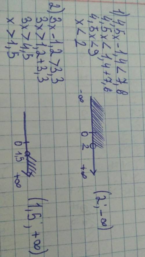 Решите неравенство и изобразите множество их решений на координатной прямой: 1) 4,5х - 1,4 < 7,6;