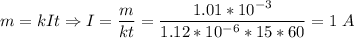 m = kIt \Rightarrow I = \dfrac{m}{kt} = \dfrac{1.01*10^{-3}}{1.12*10^{-6}*15*60} = 1~A