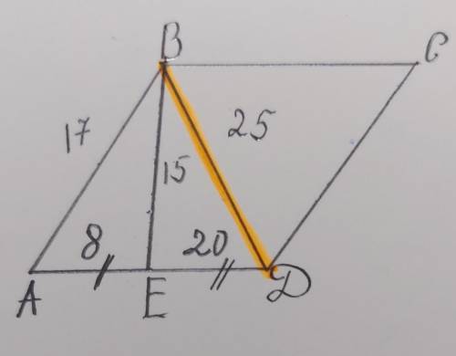 У параллелограмма ABCD сторона AB равна 17, а сторона AD делится высотой BE на отрезки AE=8, ED=20.