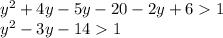 y {}^{2} + 4y - 5y - 20 - 2y + 6 1 \\ y {}^{2} - 3y - 14 1 \\