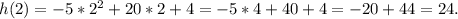 h(2)=-5*2^2+20*2+4=-5*4+40+4=-20+44=24.