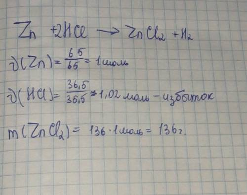 на цинк масссой 65 г подействовали раствор массой 36,5 г солянной кислоты. Расщитайте массу полученн