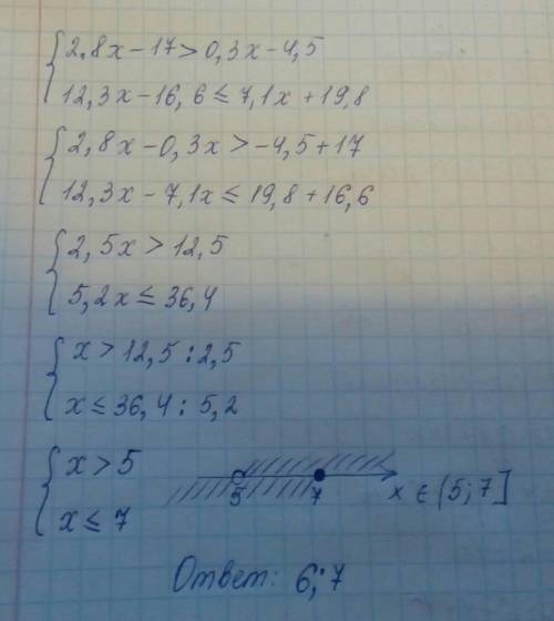 6. Найдите целые решения системы неравенств. {2,8x -16,5 > 1,3x – 4,5,13,5х -37,8 <7,1х + 19,8