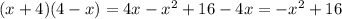 (x + 4)(4 - x) = 4x - {x}^{2} + 16 - 4x = - {x}^{2} + 16