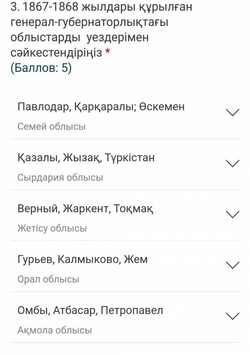 1867-1868 жылдары құрылған генерал -губернаторлықтағы облыстарды уездеріменсәйкестендіріңіздерПавлод