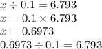 x \div 0.1 = 6.793 \\ x = 0.1 \times 6.793 \\ x = 0.6973 \\ 0.6973 \div 0.1 = 6.793