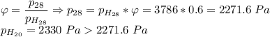 \varphi = \dfrac{p_{28}}{p_{H_{28}}} \Rightarrow p_{28} = p_{H_{28}} * \varphi = 3786 * 0.6 = 2271.6~Pa\\ p_{H_{20}} = 2330~Pa 2271.6~Pa