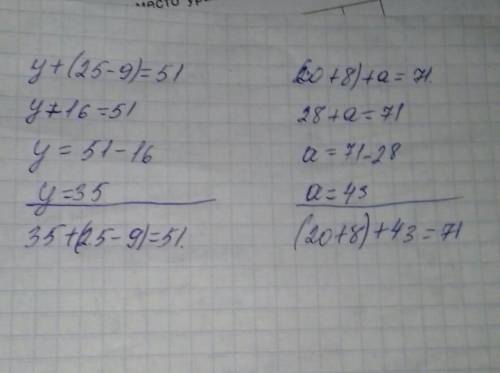 Реши уравнение у+(25-9)=51. (20+8)+а=71