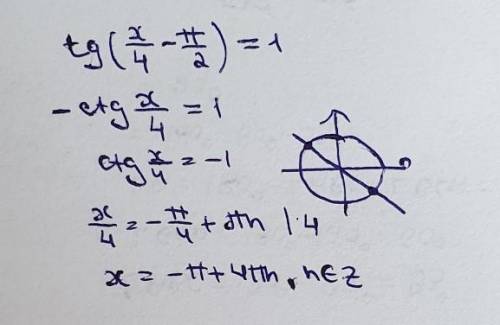 решить уравнение tg(1/4x-п/2)=1