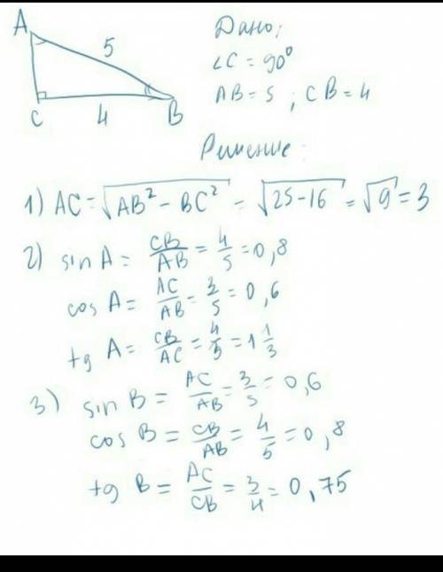 в прямоугольном треугольнике ABC угол C равняется 90 градусов косинус угла А равняется 4 пятых Найди