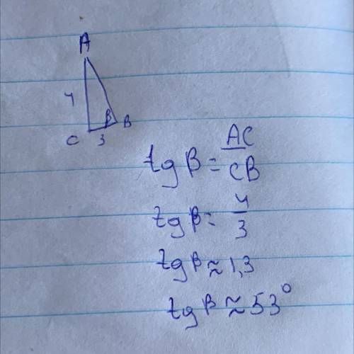 Катети прямокутного трикутника 3 і 4 см.Знайдіть тангенс кута, прилеглого до меншого катета