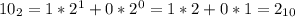 10_{2}=1*2^{1}+0*2^{0}=1*2+0*1= 2_{10}