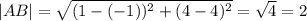 |AB|=\sqrt{(1-(-1))^2+(4-4)^2}=\sqrt{4}=2