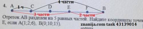 Отрезок АВ разделён на 5 равных частей. Найдите координаты точек С и Е, если А (1;2;6), В(0;10;15,)