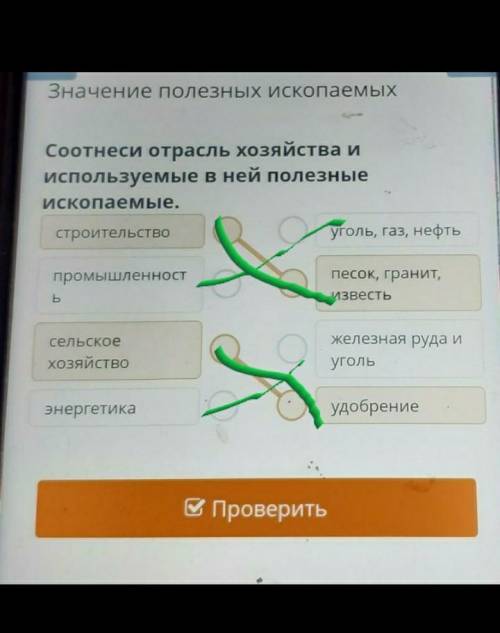 Соотнеси отрасль хозяйства и используемые в ней полезныеИскопаемые.строительствоуголь, газ, нефтьпро
