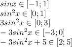 sin x \in \left [ -1;1 \right ]\\sin^2 x \in \left [ 0;1 \right ]\\3sin^2x \in \left [ 0;3 \right ]\\-3sin^2 x \in \left [ -3;0 \right ]\\-3sin^2x+5\in \left [ 2;5 \right ]