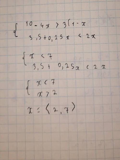 Найдите целые решения системы неравеств {10-4x>3(1-x)3.5+0.25x<2x ​