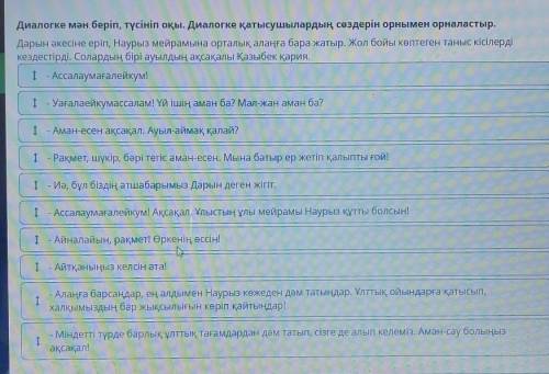 Наурыз айы келгенде Диалогке мән беріп, түсініп оқы. Диалогкеқатысушылардың сөздерін орныменорналаст