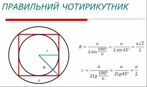 знайдіть сторону правильного чотирикутника якщо добуток радіусів вписаного і описаного кіл 4√2 см. Д