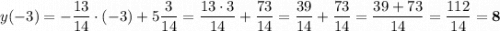 y(-3) = -\dfrac{13}{14}\cdot (-3) + 5\dfrac{3}{14} = \dfrac{13\cdot 3}{14} + \dfrac{73}{14} = \dfrac{39}{14} + \dfrac{73}{14} = \dfrac{39+73}{14} = \dfrac{112}{14} = \bf{8}