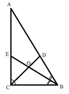 В прямоугольном треугольнике АВС угол С=90°биссектрисы СD и BE пересекаются в точке О.Величина угла