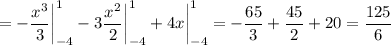 \displaystyle =-\frac{x^3}{3} \bigg |_{-4}^1-3\frac{x^2}{2} \bigg |_{-4}^1+4x\bigg |_{-4}^1=-\frac{65}{3} +\frac{45}{2} +20=\frac{125}{6}