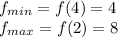 f_{min}=f(4) = 4\\f_{max} = f(2) = 8