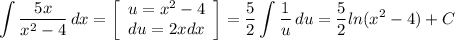 \displaystyle \int {\frac{5x}{x^2-4} } \, dx =\left[\begin{array}{ccc}u=x^2-4\\du=2xdx\\\end{array}\right] = \frac{5}{2} \int {\frac{1}{u} } \, du = \frac{5}{2} ln(x^2-4)+C