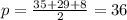 p = \frac{ 35 + 29 + 8 }{2} = 36