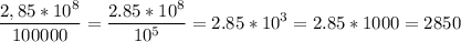 \displaystyle \frac{2,85*10^8}{100000}=\frac{2.85*10^8}{10^5}=2.85*10^3=2.85*1000=2 850