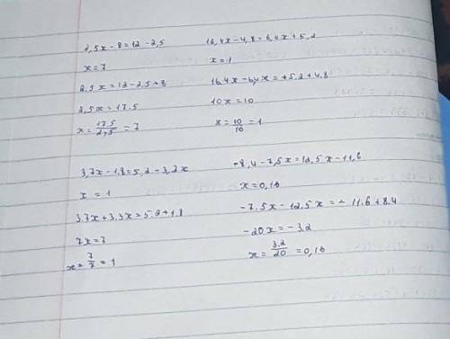 1)2,5x - 8 =12 - 2,5 2)16,4x - 4,8 = 6,4x + 5,2 3)3,7x - 1,8 = 5,2- 3,3x 4)-8,4 - 7,5x =12,5x - 11