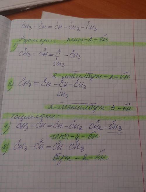 Напишите два изомера и два ближайших гомолога к веществу:СН3-СН=СН-СН2-СН3