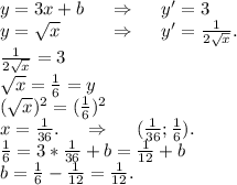 y=3x+b\ \ \ \ \Rightarrow\ \ \ \ y'=3\\y=\sqrt{x} \ \ \ \ \ \ \ \ \Rightarrow\ \ \ \ y'=\frac{1}{2\sqrt{x} } .\\\frac{1}{2\sqrt{x} } =3\\\sqrt{x} =\frac{1}{6}=y \\(\sqrt{x})^2 =(\frac{1}{6})^2 \\x=\frac{1}{36} . \ \ \ \ \Rightarrow\ \ \ \ (\frac{1}{36} ;\frac{1}{6} ).\\\frac{1}{6}=3*\frac{1}{36} +b=\frac{1}{12}+b \\b=\frac{1}{6}-\frac{1}{12}=\frac{1}{12}.