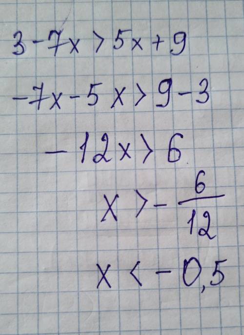 Теңсіздікті шеш 3-7x>5х+9x>0,5x<-0,5x>-3x<-3 ​