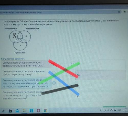 На диаграмме Эйлера-Венна показано количество учащихся, посещающих дополнительные занятия по казахск