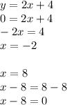 y = 2x + 4 \\ 0 = 2x + 4 \\ - 2x = 4 \\ x = - 2 \\ \\ x = 8 \\ x - 8 = 8 - 8 \\ x - 8 = 0