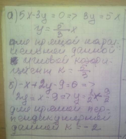 .Определить угловой коэффициент прямой. а) параллельной прямой 5x-3y=0 б) перпендикулярной прямой -x