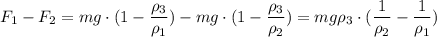 F_1 -F_2 = mg\cdot (1- \dfrac{\rho_3}{\rho_1} ) - mg\cdot (1- \dfrac{\rho_3}{\rho_2} )= mg\rho_3\cdot (\dfrac{1}{\rho_2} -\dfrac{1}{\rho_1} )