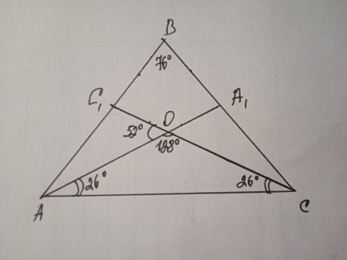 Дано: треугольник АВС равнобедренный АС основание АА1 и СС1 биссектриса угол С1ОА равен 52 градуса