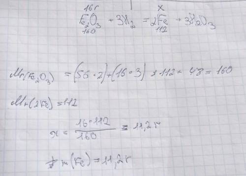 Используя уравнение Fe2O3+3H2=2Fe+3H2O3,рассчитайте массу железа, полученного из 16г оксида железа​