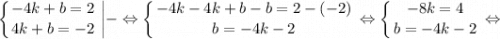 $ \displaystyle \left \{ {{-4k+b=2} \atop {4k+b=-2}} \right. \bigg | - \Leftrightarrow \left \{ {{-4k-4k+b-b=2-(-2)} \atop {b=-4k-2}} \right. \Leftrightarrow \left \{ {{-8k=4} \atop {b=-4k-2}} \right. \Leftrightarrow $