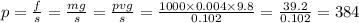 p = \frac{f}{s} = \frac{mg}{s} = \frac{pvg}{s} = \frac{1000 \times 0.004 \times 9.8}{0.102} = \frac{39.2}{0.102} = 384