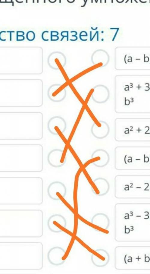 ТЕКСТ ЗАДАНИЯ Установи соответствие между формулами сокращённого умножения Количество связей: 7 (a +
