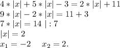 4*|x|+5*|x|-3=2*|x|+11\\9*|x|-2*|x|=11+3\\7*|x|=14\ |:7\\|x|=2\\x_1=-2\ \ \ \ x_2=2.