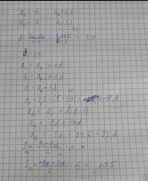 Знайдіть суму перших 15 членів арифметичної прогресії an ,якщо a3=-5, a6=2,2​