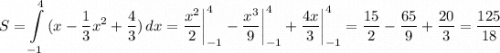 \displaystyle S=\int\limits^4_{-1} {(x-\frac{1}{3}x^2+\frac{4}{3} )} \, dx =\frac{x^2}{2} \bigg |_{-1}^4-\frac{x^3}{9} \bigg |_{-1}^4+\frac{4x}{3} \bigg |_{-1}^4=\frac{15}{2} -\frac{65}{9} +\frac{20}{3} =\frac{125}{18}